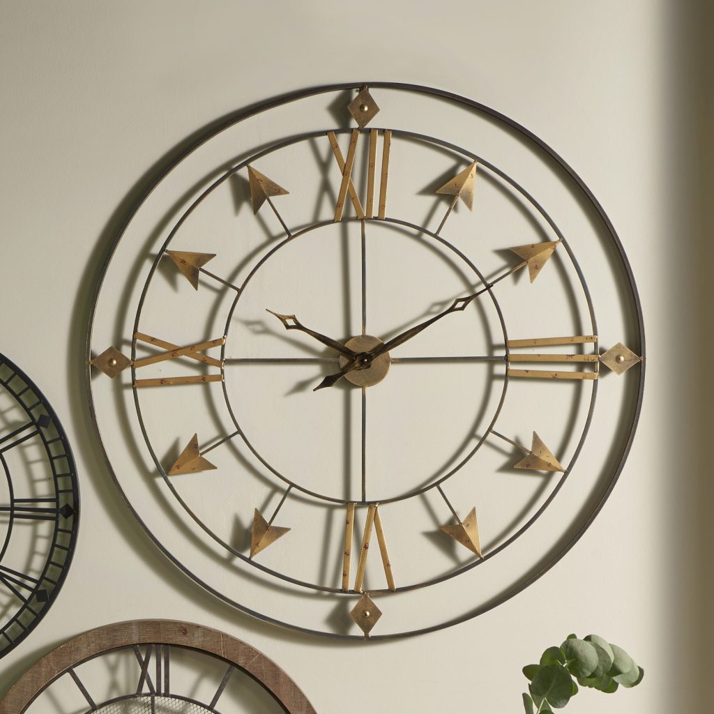 Antique Grey and Gold Metal Large Round Wall Clock